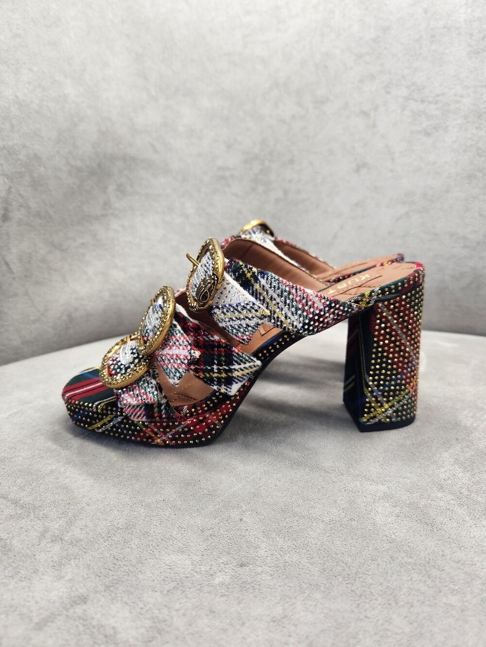 Kurt Geiger Heeled Mules 10 Plaid Mayfair Buckle Chunky Platform Sandal New $245 - Picture 12 of 16